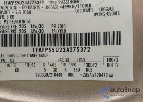 2003 Ford Taurus Ses из США, поврежденный, VIN 1FAFP55U23A275372